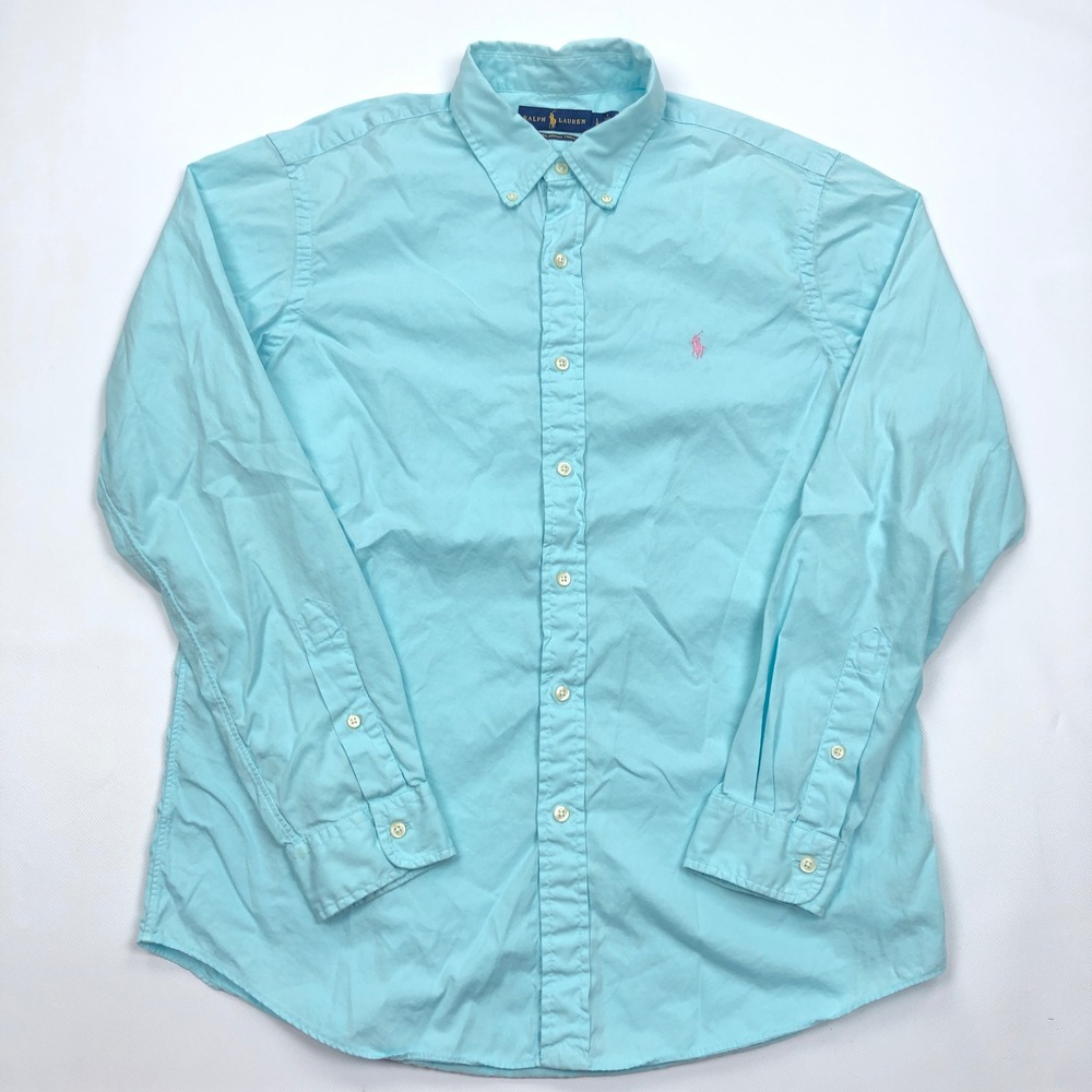 Polo Ralph Lauren Mens Feather Weight Twill Shirt Light Blue Pink Pony Large